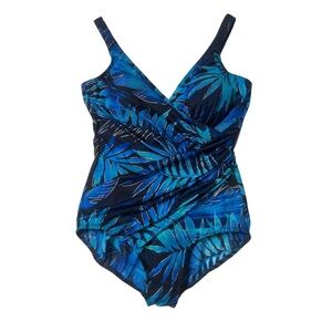 Miraclesuit Tropical Blue Gold Foil Palms Print One Piece Swimsuit size 16